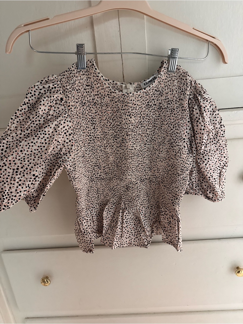 Express Pink and Black Dot Peplum Puff-Sleeve Blouse